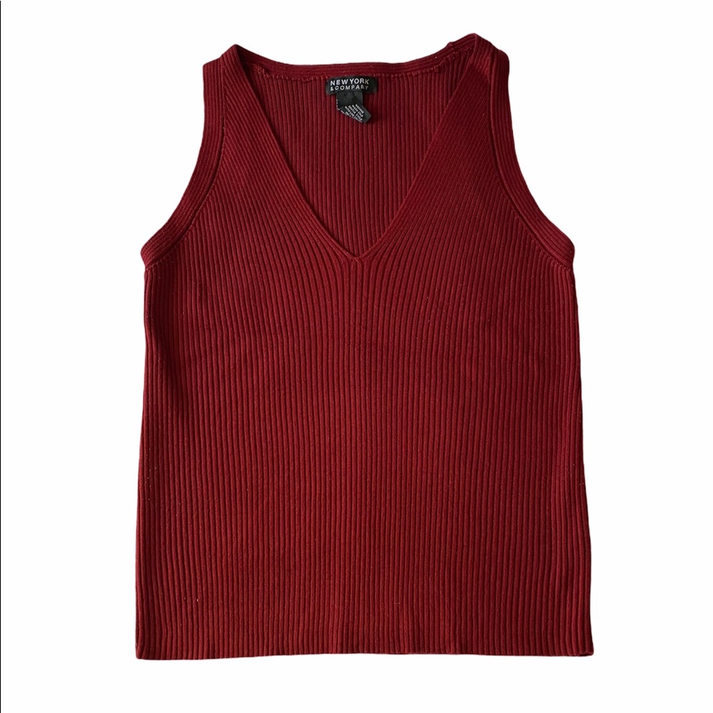 New York and Company Dark Red Ribbed V-Neck Tank